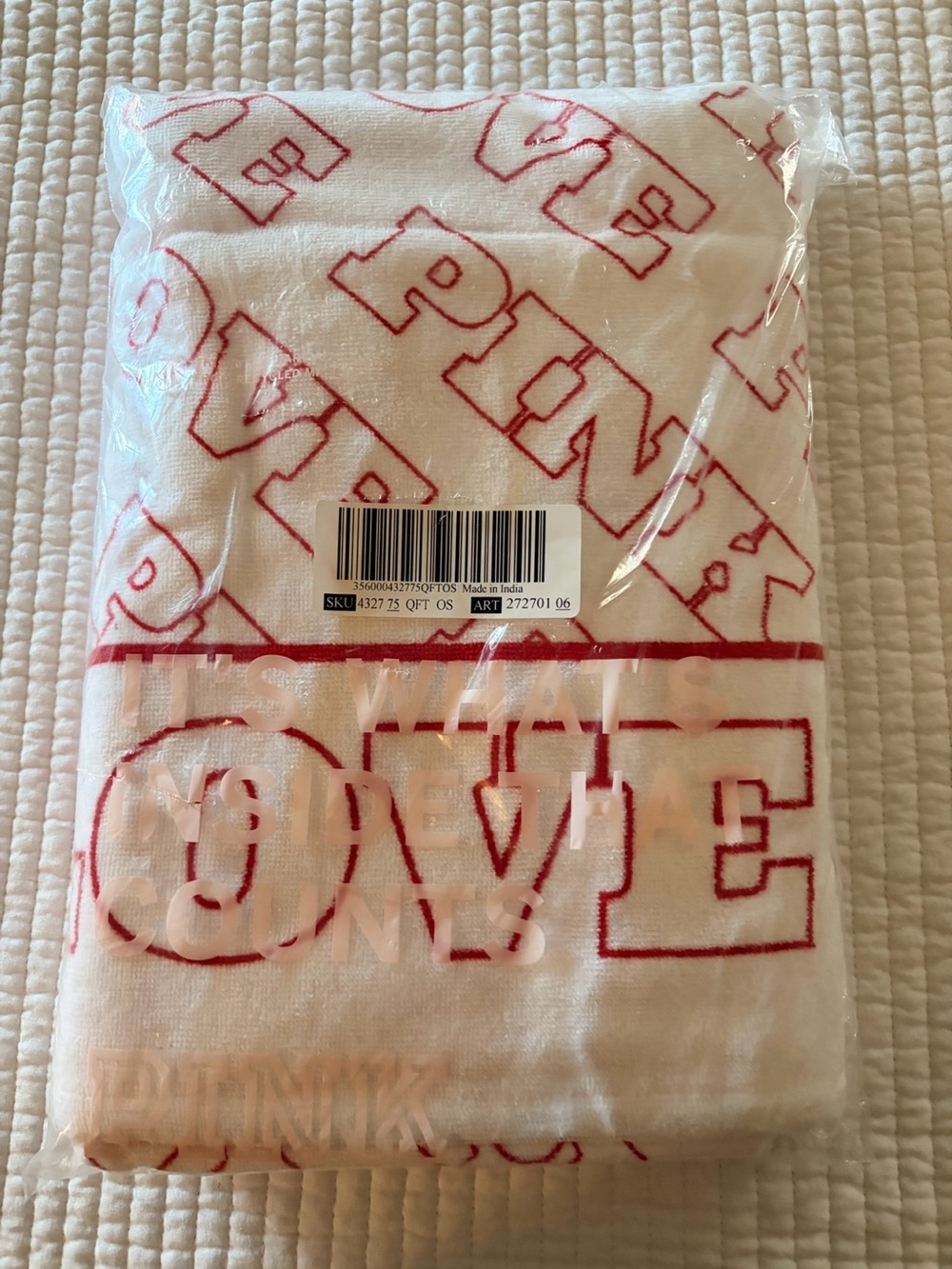 PINK Victoria's Secret White Towel with Red Lettering Outline
